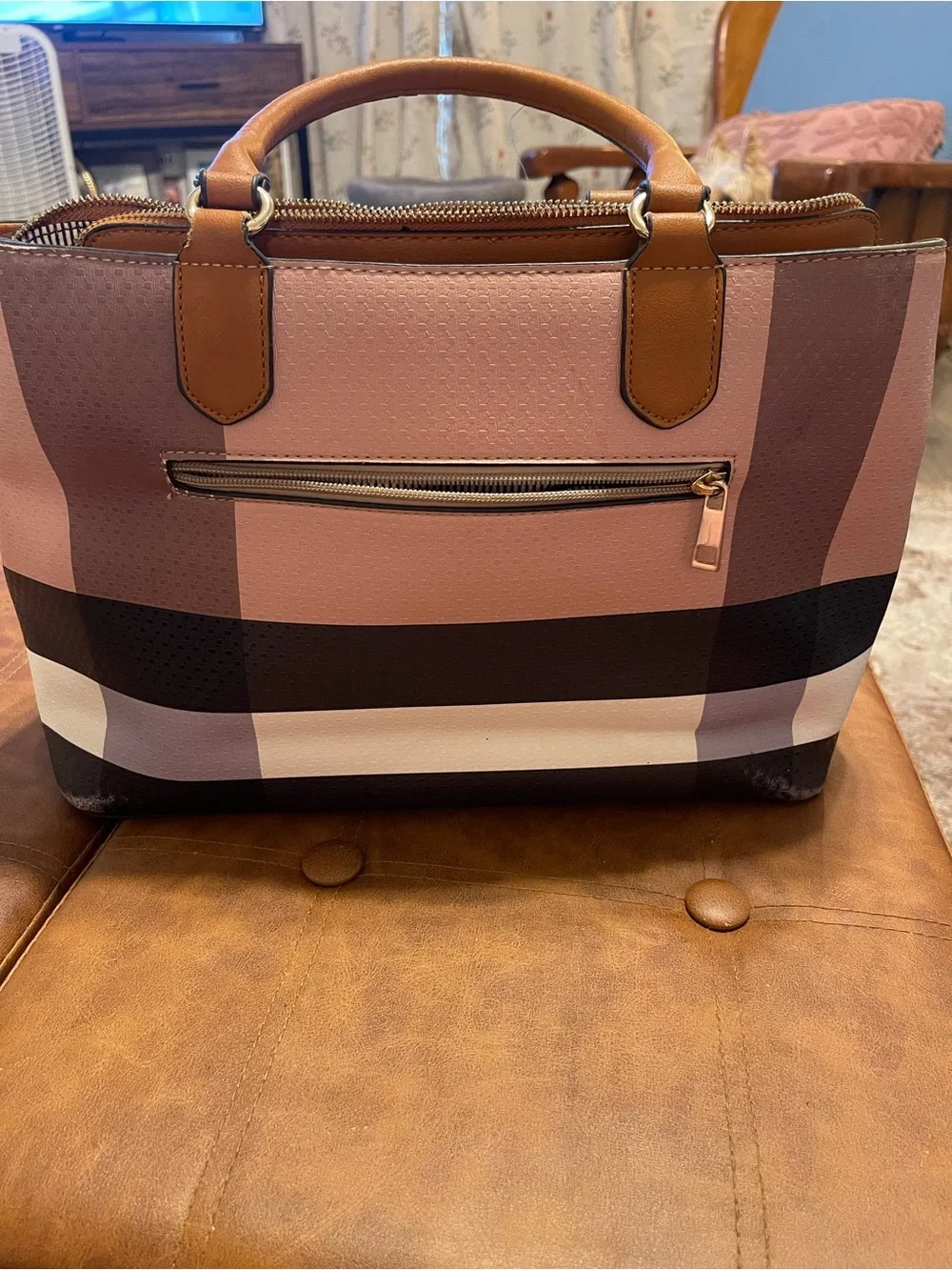 Deluxity Tan Plaid Tote Bag with Tassel Accent